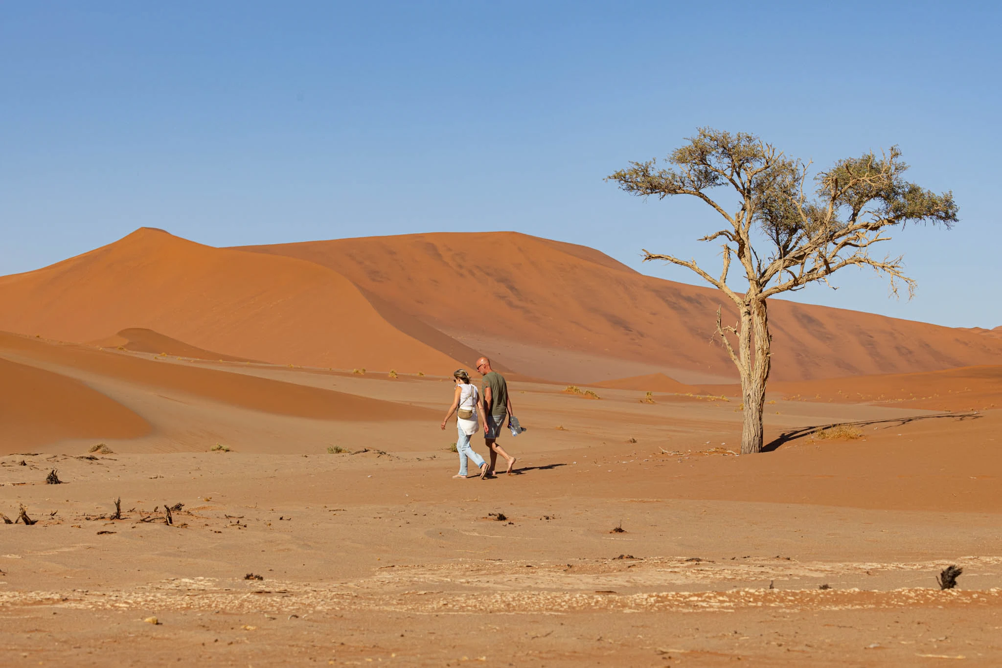 Guests walking through the dunes of Sossusvlei, during a private guided safari in Namibia